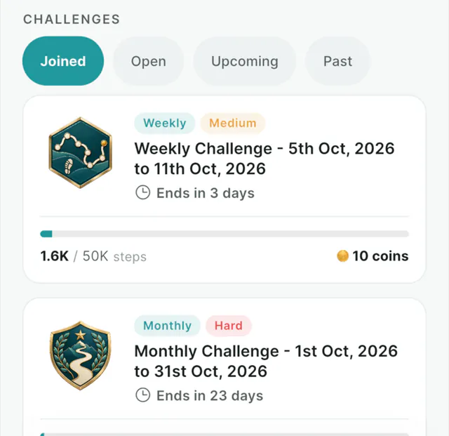 Challenge cards in Buzz Zone, each showing its reward in coins, its step goal and its entry fee.