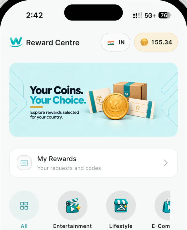 The top of the Reward Centre screen: the WB Coin balance, My Rewards, and reward categories.