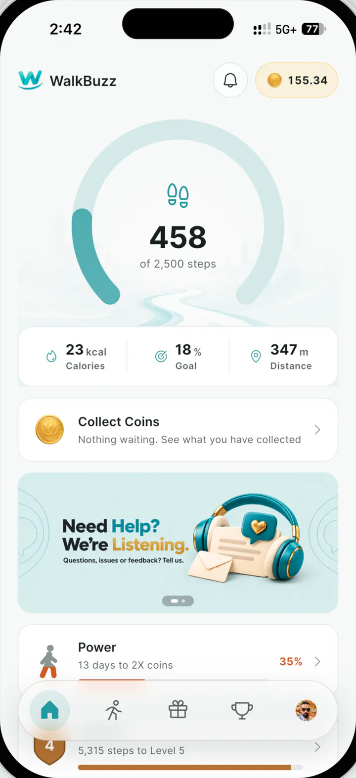 The WalkBuzz Home screen showing steps against a daily goal, coins waiting to collect, Power and level progress.