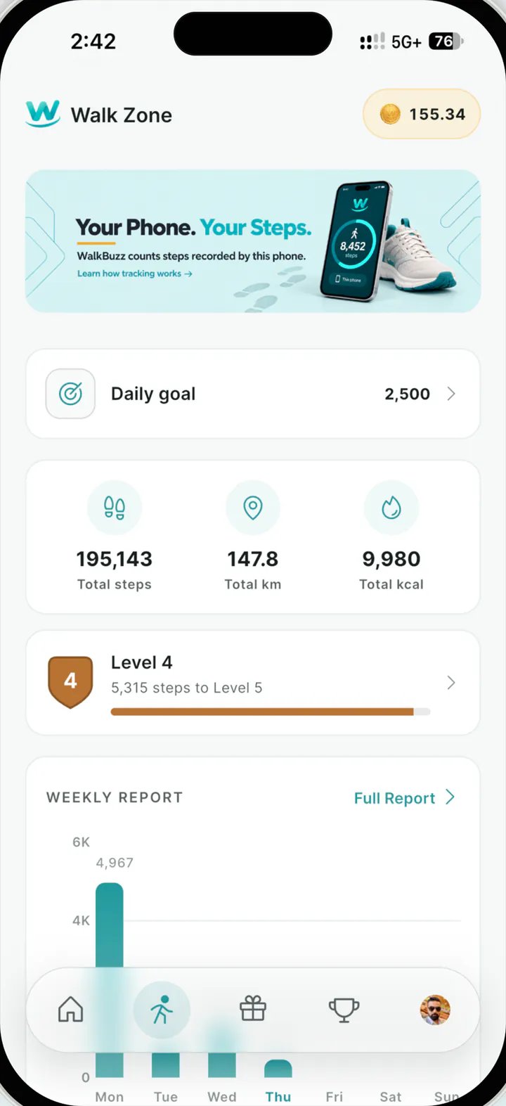 The Walk Zone screen showing a daily goal, total steps, distance and calories, and a weekly step chart.